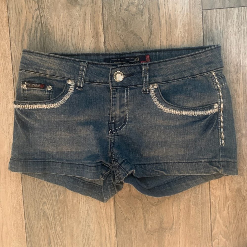 RICHCOW JEANS EMBROIDERED RHINESTONE FLAP POCKET STRETCH DENIM JEAN SHORTS 5-EUC